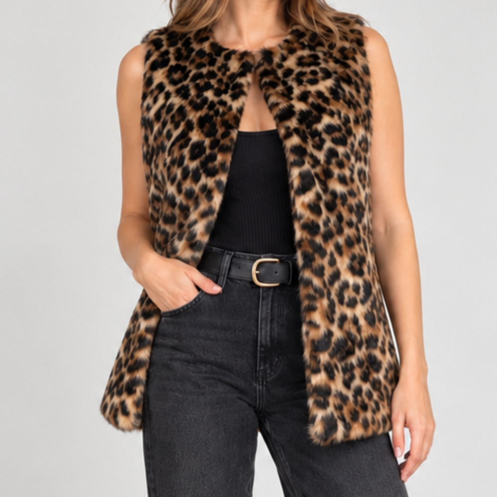 Talbots Leopard Faux Fur Vest Size XS Animal Print Fall